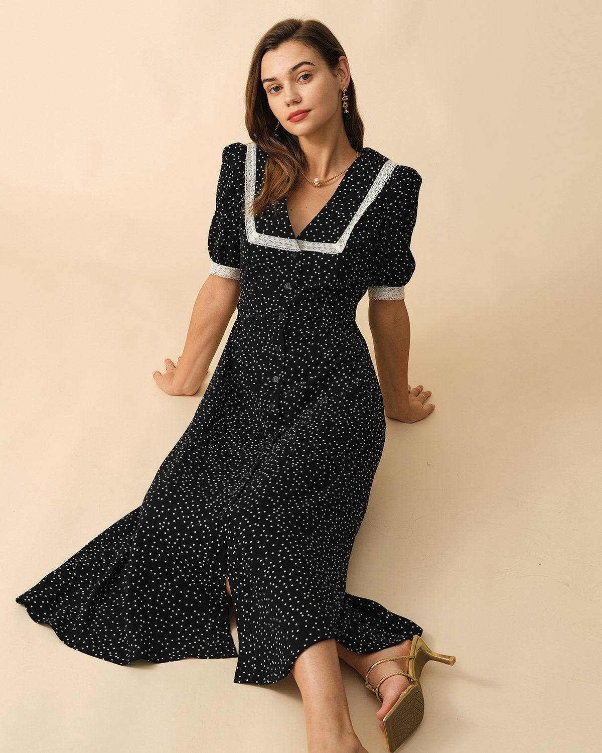 The Polka Dot Lace Trim Midi Dress Free Shipping Exclusive