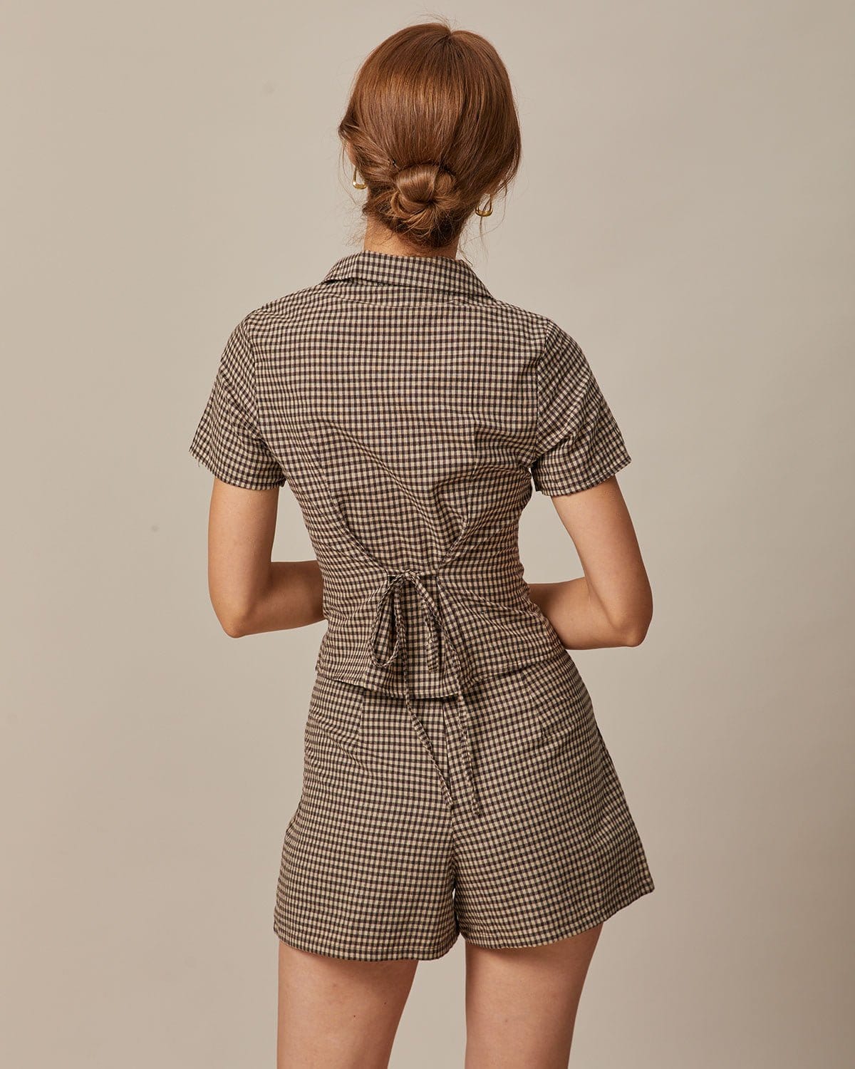 The Brown Lapel Plaid Short Sleeve Blouse Discount Free Shipping