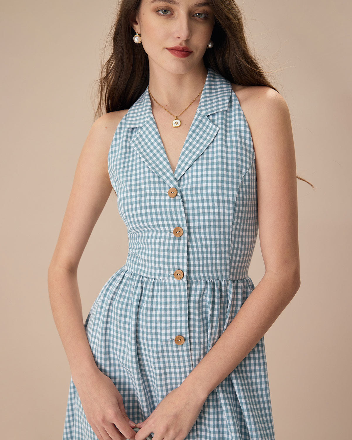 The Blue Lapel Plaid Sleeveless Shirt Midi Dress Cheap Sale Cheap