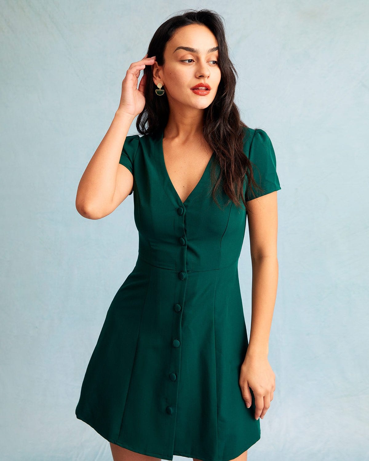 The Dark Green V Neck Button-up Shirt Mini Dress Shop For Sale