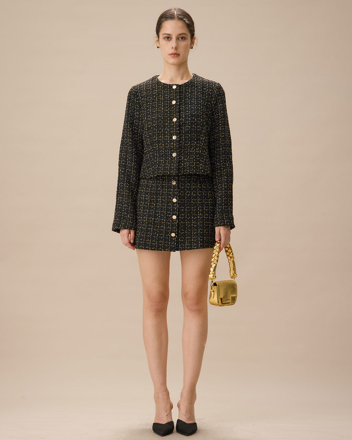 Black High-waisted Button Tweed Skirt Shipping Outlet Store Online