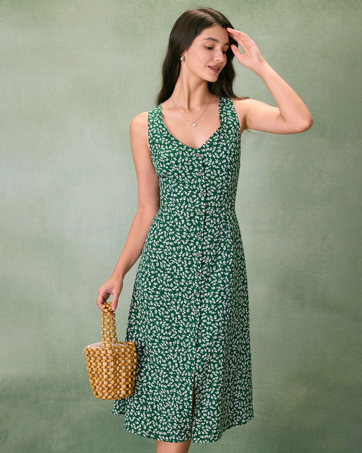 The Green V Neck Floral Button Midi Dress Buy Cheap 2025