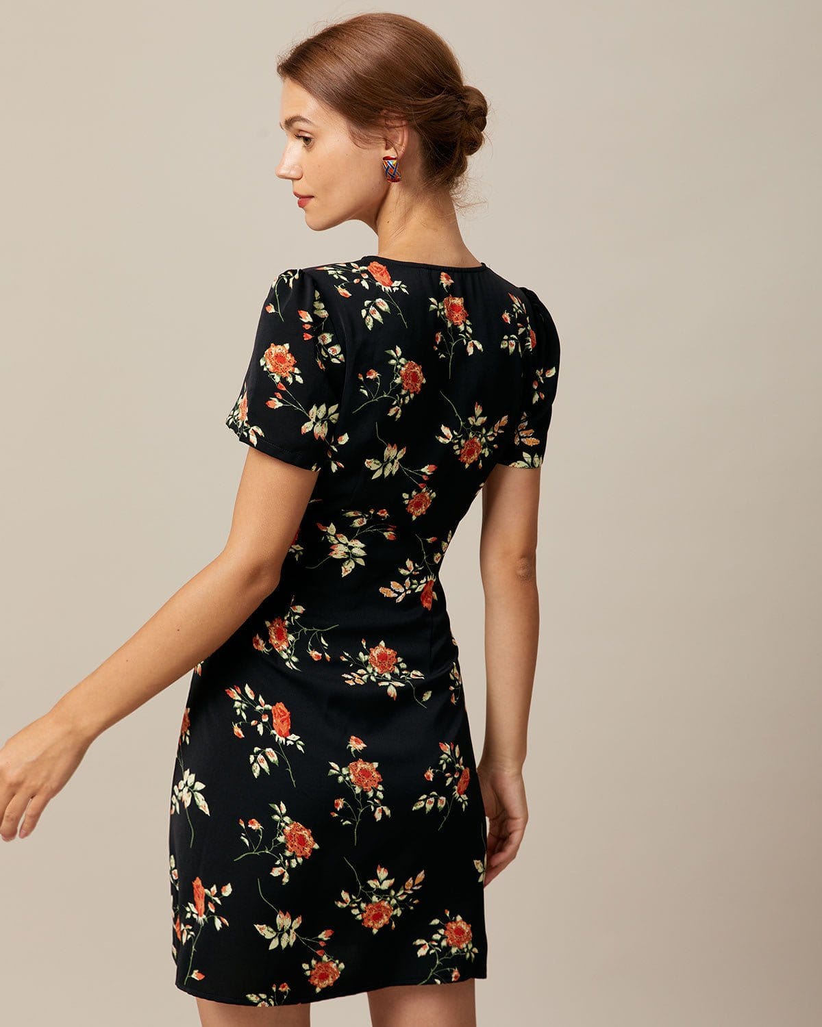 The Black V Neck Floral Button Up Mini Dress Sale Great Deals