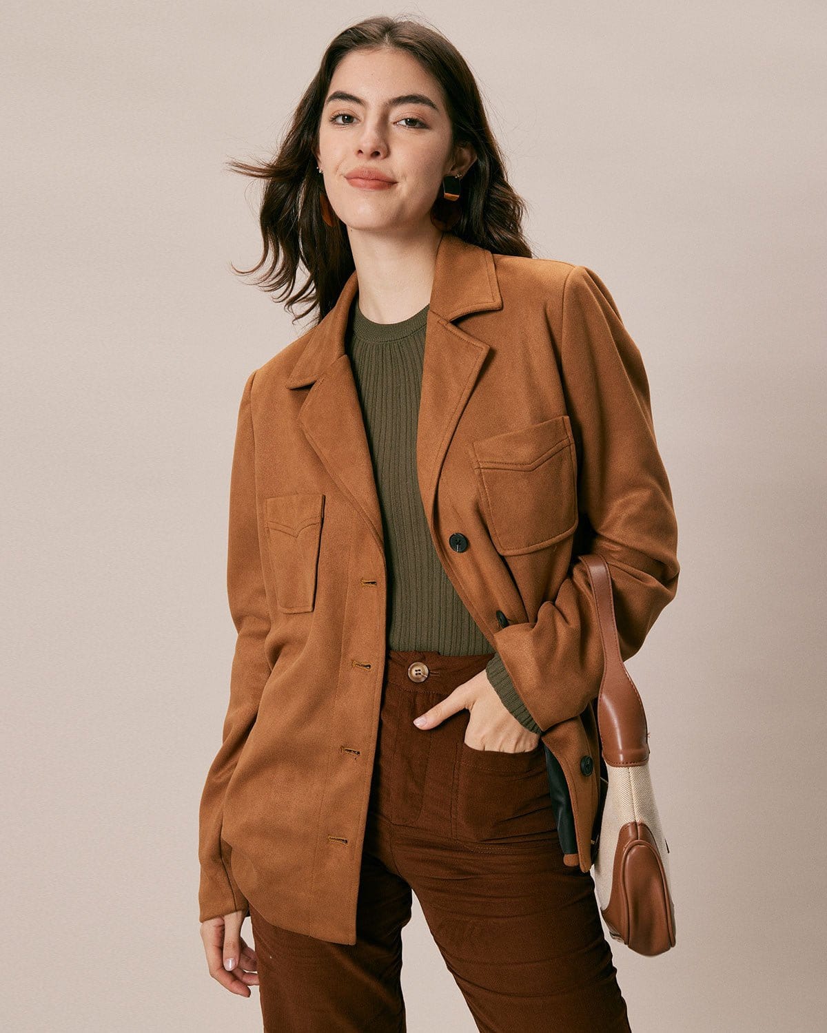 The Brown Lapel Pockets Button Suede Jacket Visit Sale Online