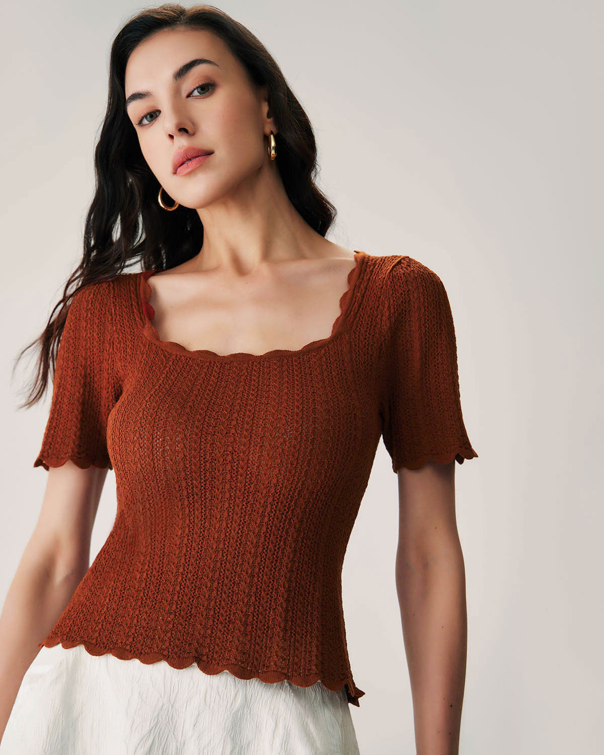 Brown Square Neck Scalloped Knit Tee Buy Cheap How Much