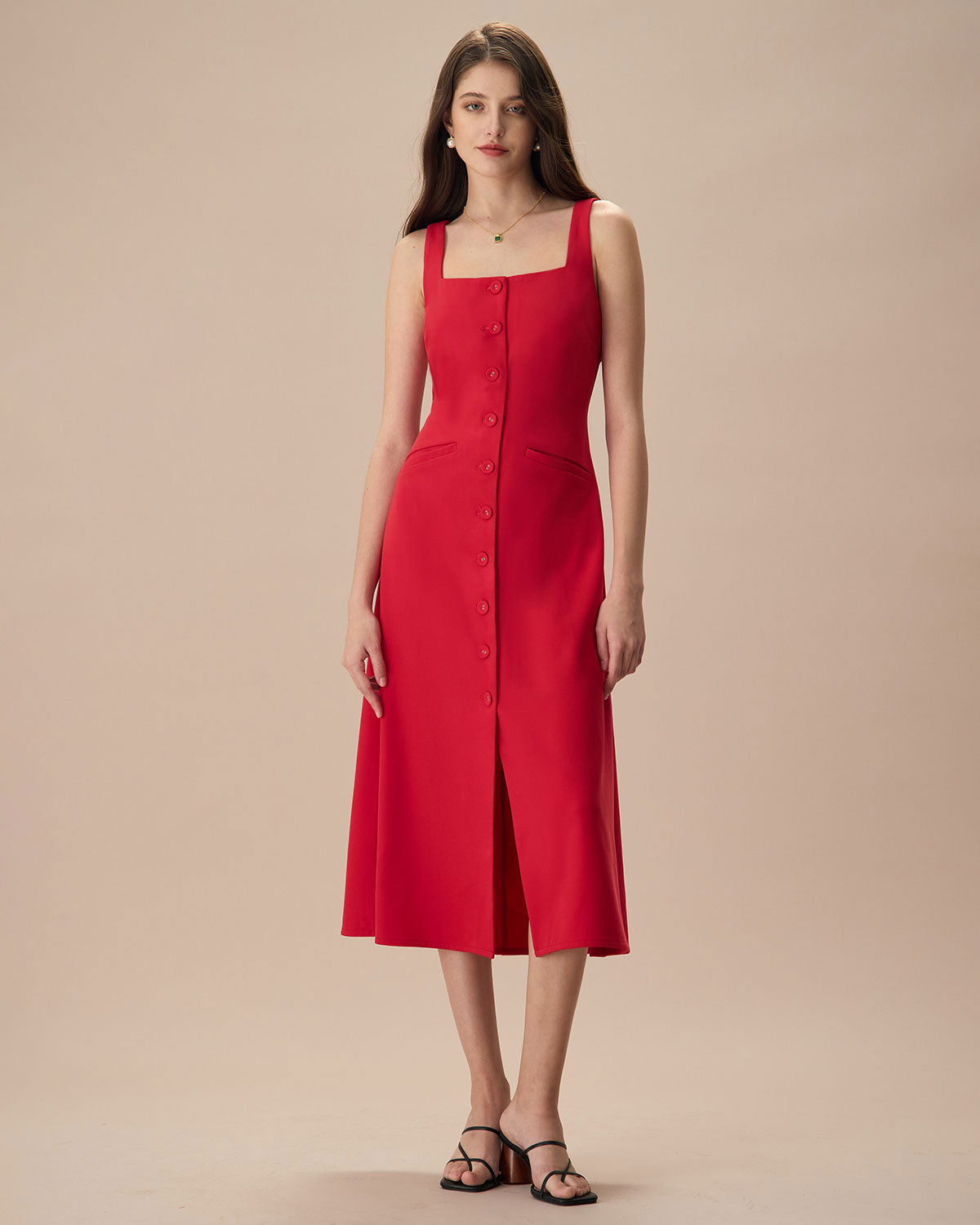 The Red Square Neck Pocket Midi Dress Outlet 2025 New