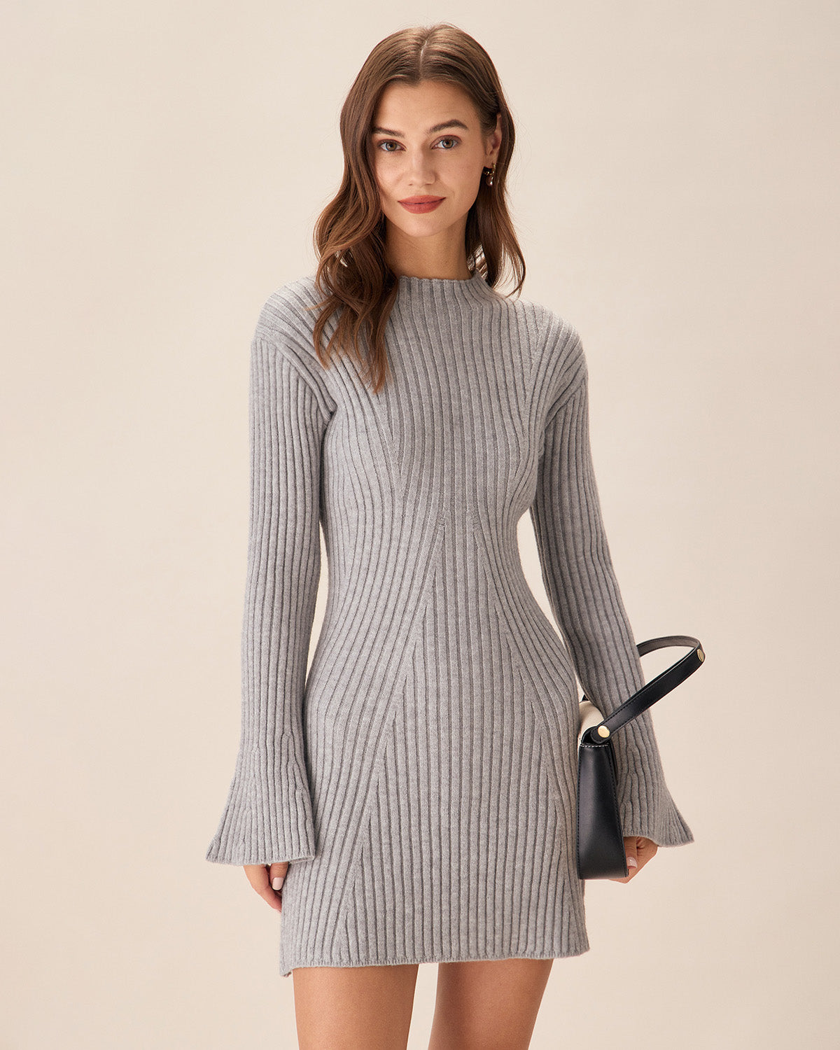 Grey Crew Neck Bell Sleeve Sweater Dress Discount 2025