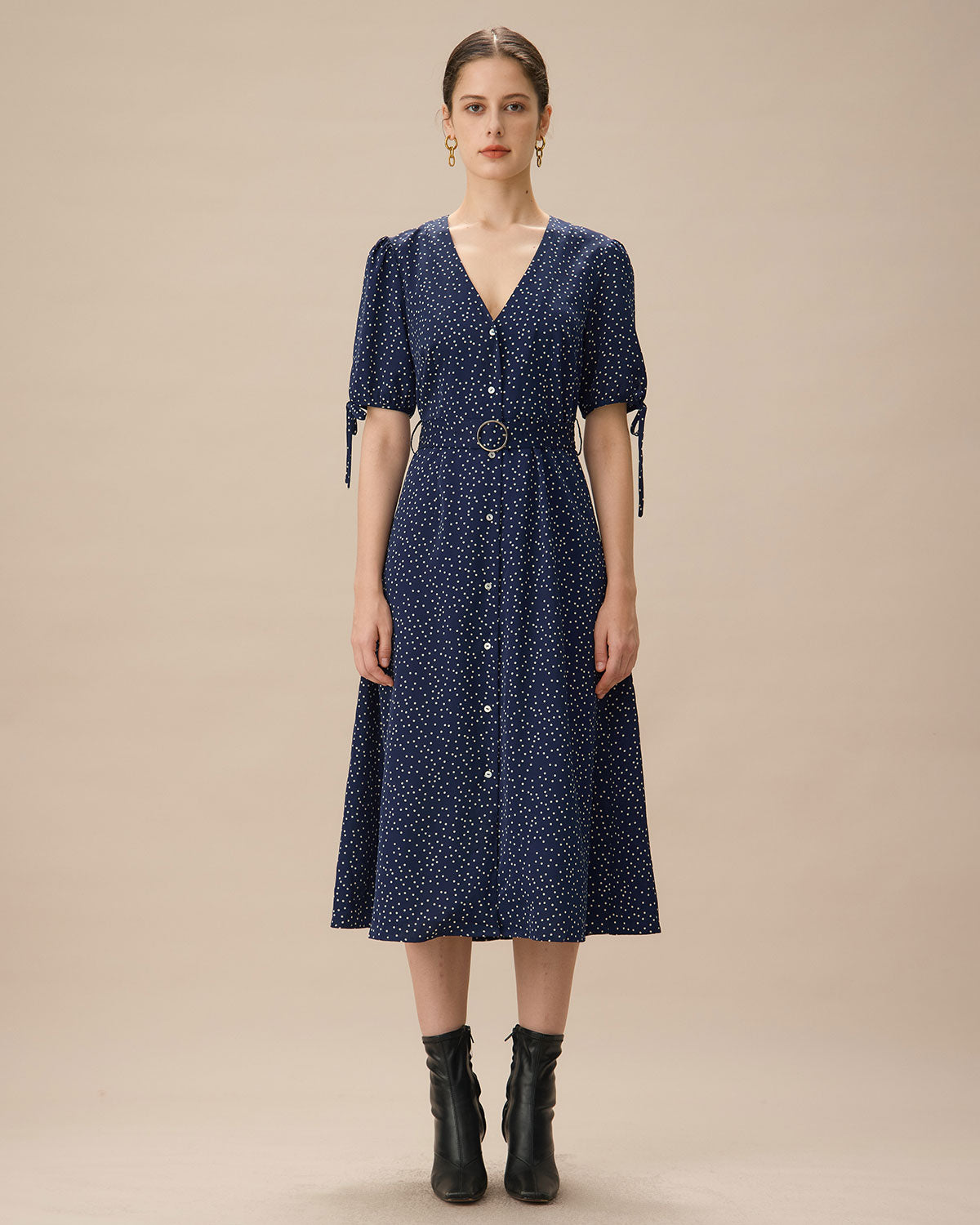 Navy Polka Dot Belted Midi Dress Countdown Package Cheap Pice