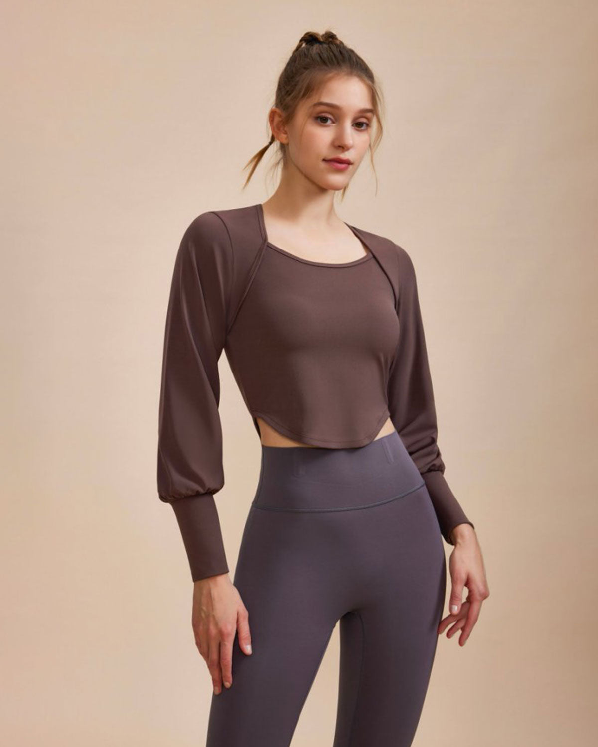 Coffee Round Neck Long Sleeve Top Inexpensive For Sale