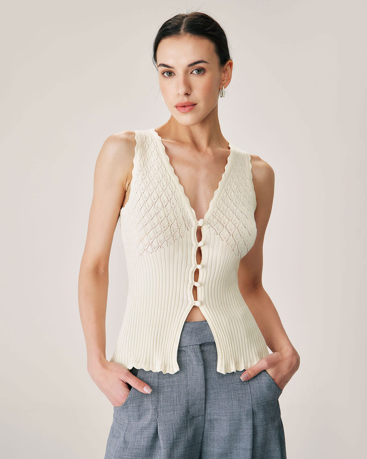 Beige V Neck Ribbed Knit Tank Cheap