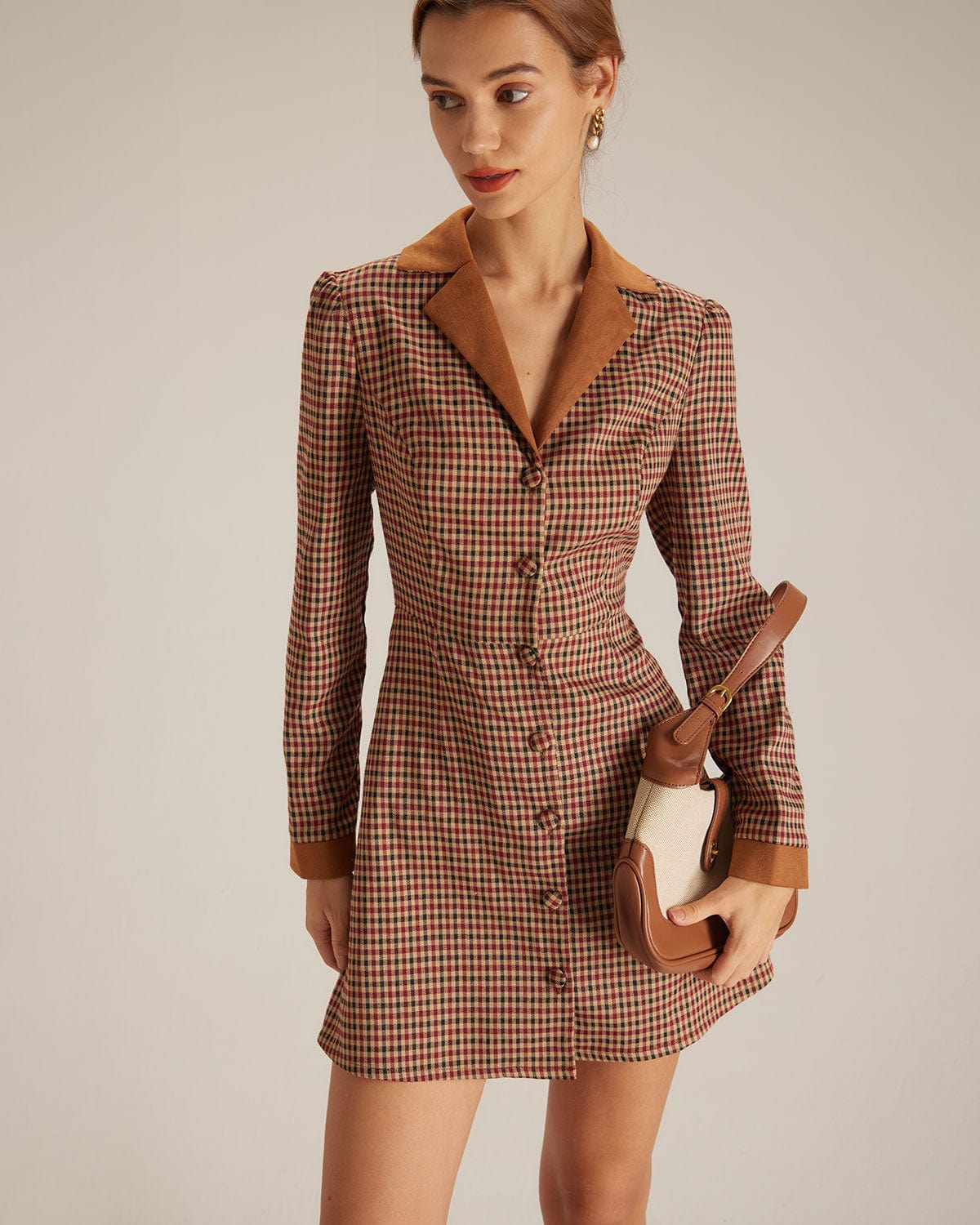 The Brown Plaid Spliced Suede Mini Dress Discount From China