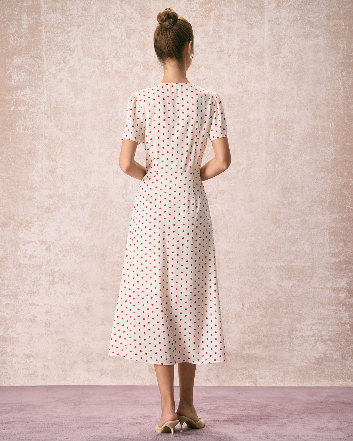 The Beige V Neck Polka Dot Button Midi Dress Buy Cheap Footlocker Finishline