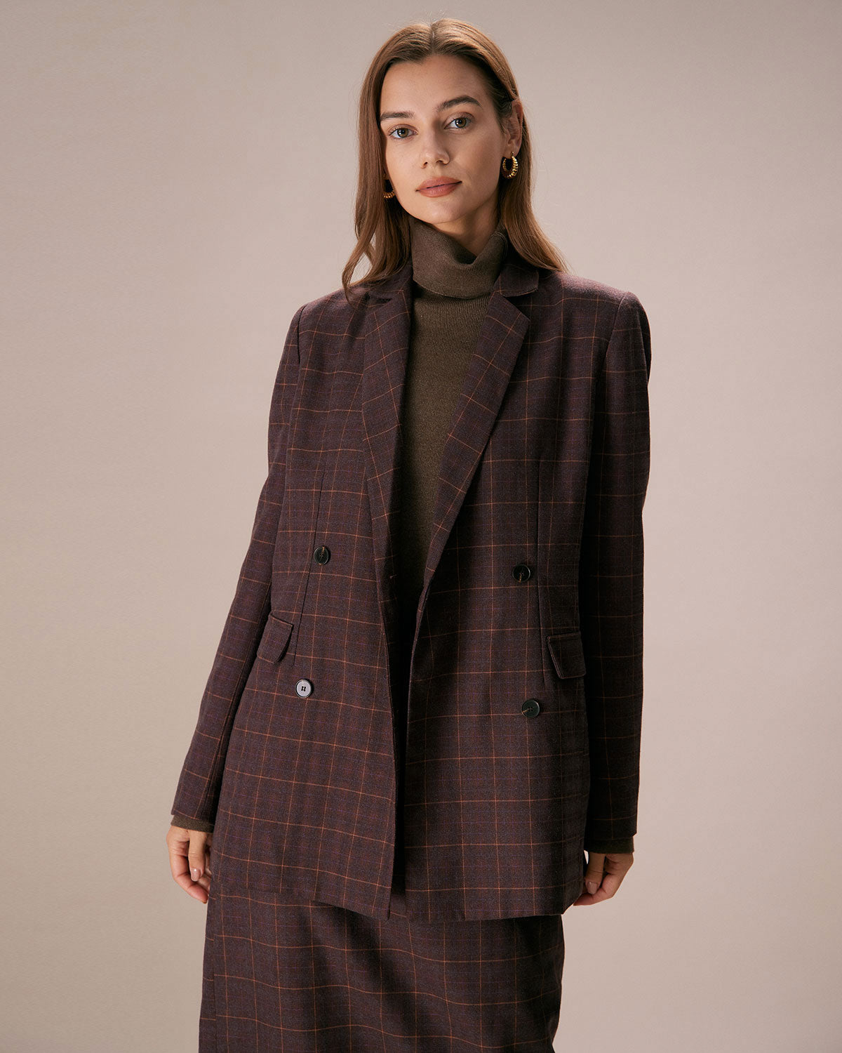 The Coffee Lapel Double Breasted Plaid Blazer Outlet Sale Online