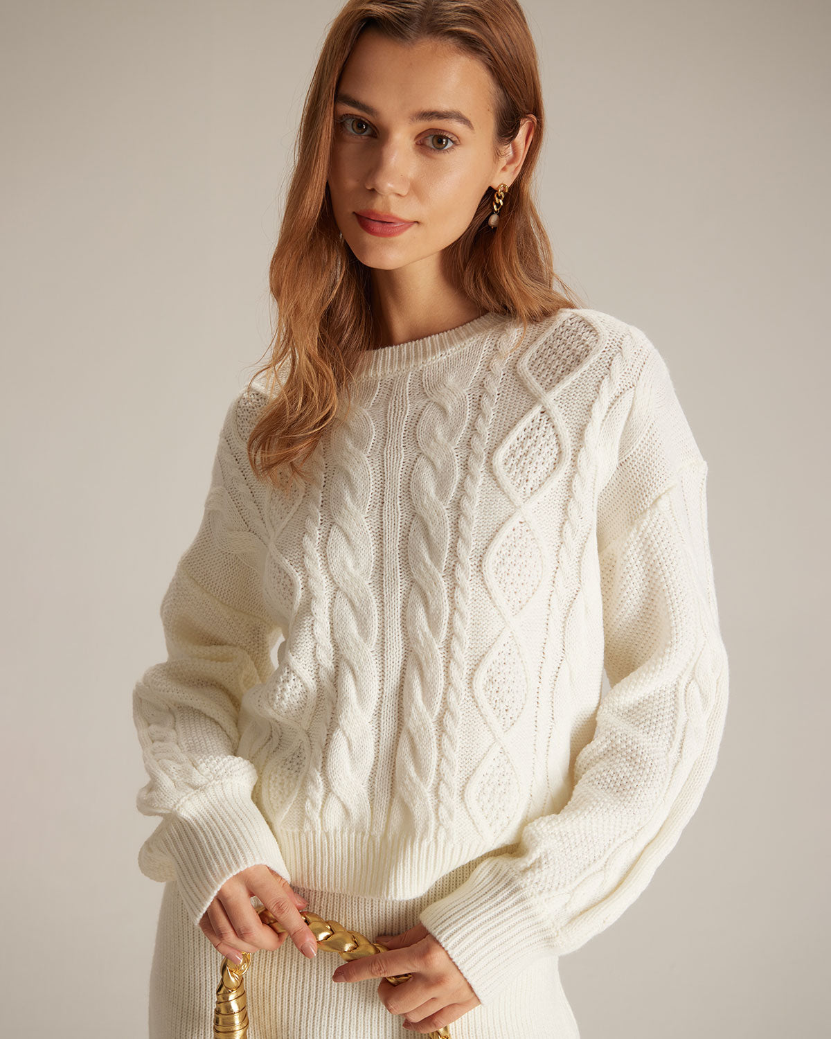 The Beige Round Neck Ribbed Cable Sweater Outlet Cheap Online