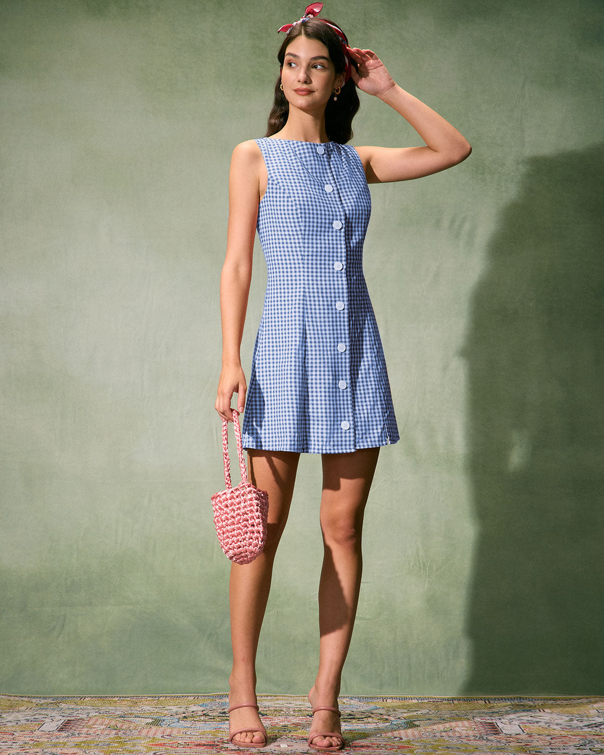 The Blue Boat Neck Cotton Plaid Mini Dress Footlocker Pictures Cheap Online