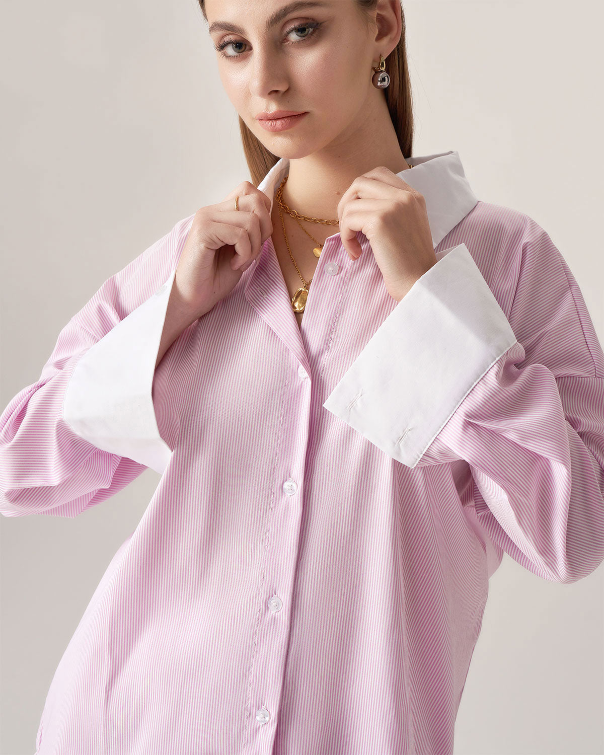 Bettydress Pink Contrast Striped Loose Shirt Clearance Shop