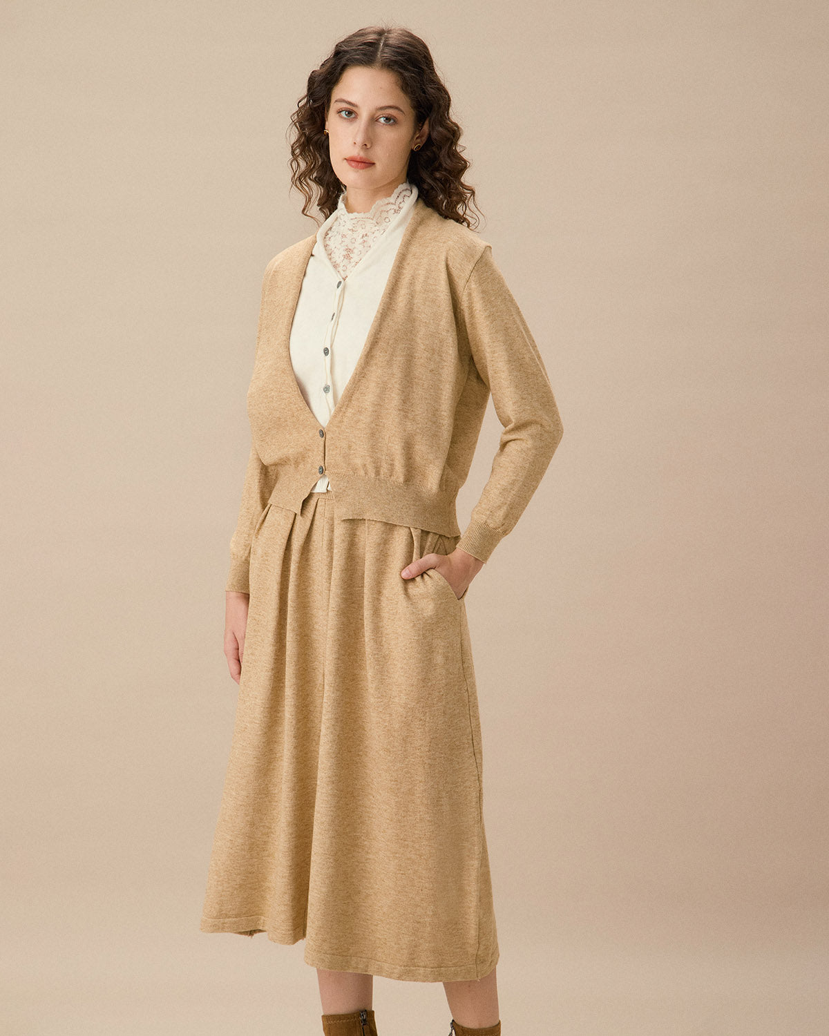 Camel V Neck Cardigan Skirt Set Outlet Online Shop