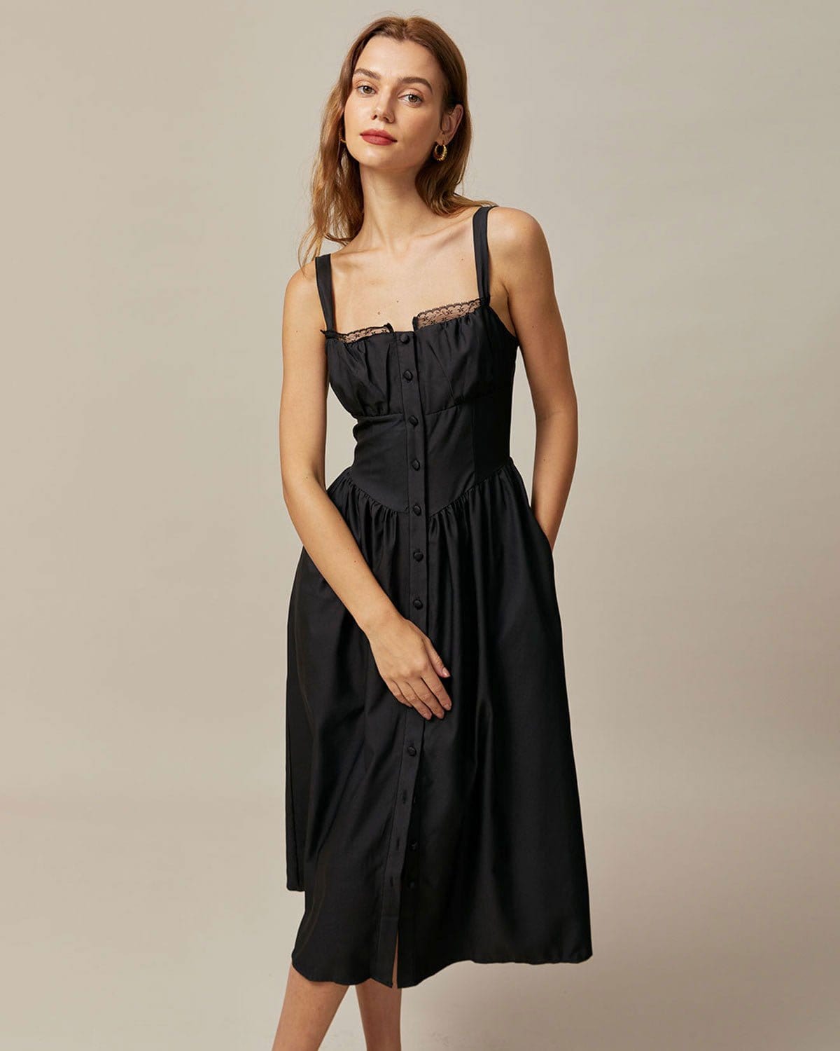 The Black Square Neck Lace Cami Midi Dress Cheap Sale Websites