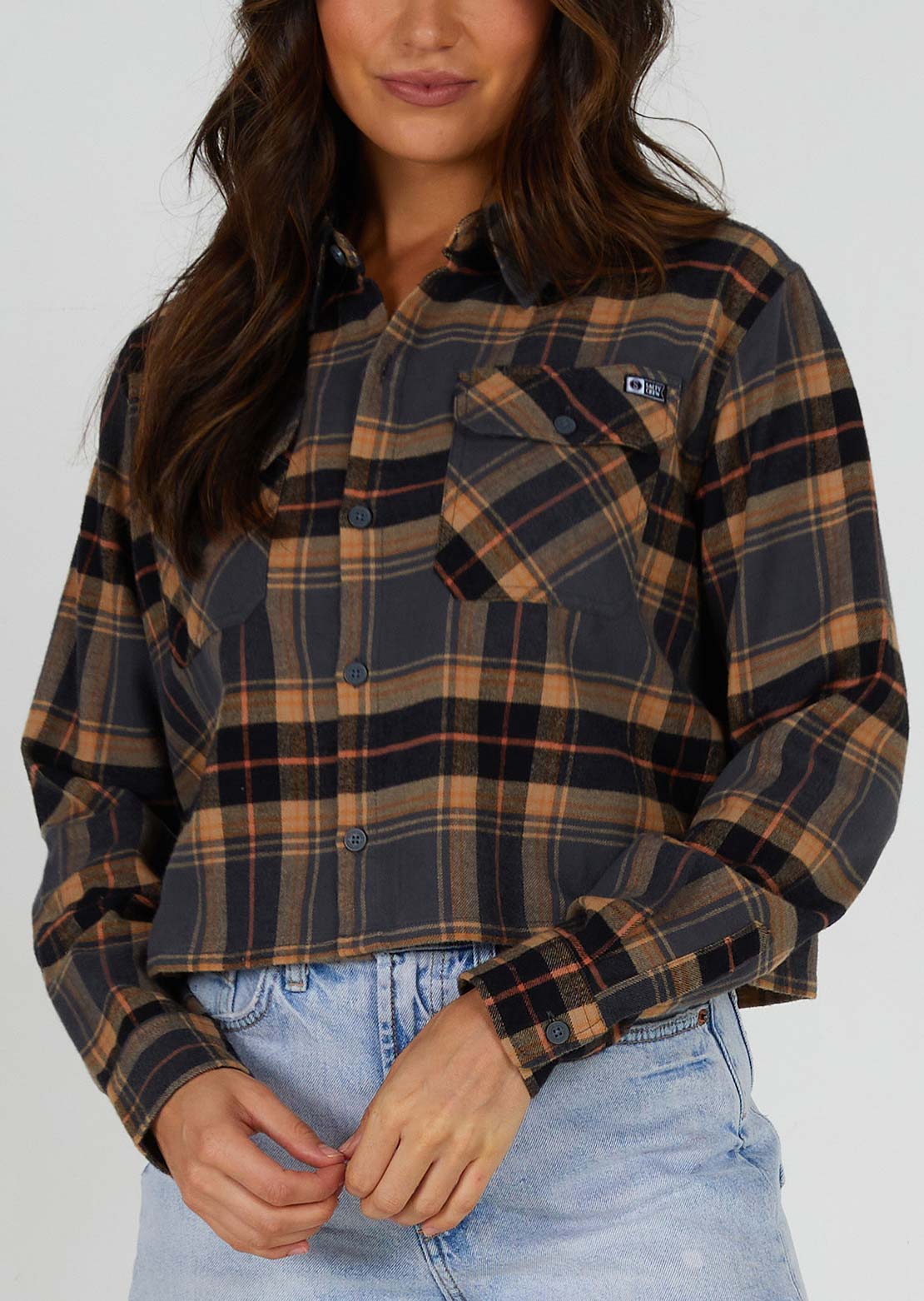 Salty Crew Women's Stay Golden Crop Flannel Button Up Shirt